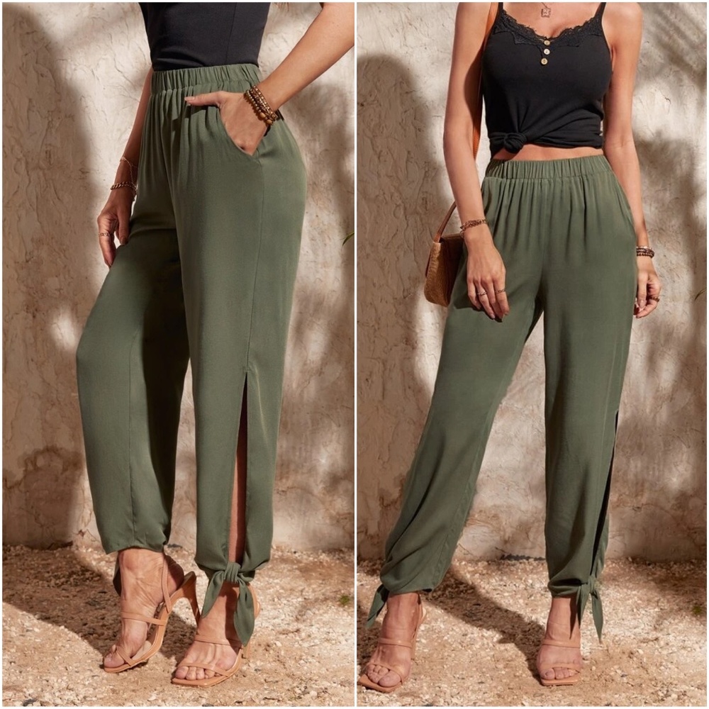 Luxe Solid Split Leg Tie Jogger Pants - Picture 1 of 8